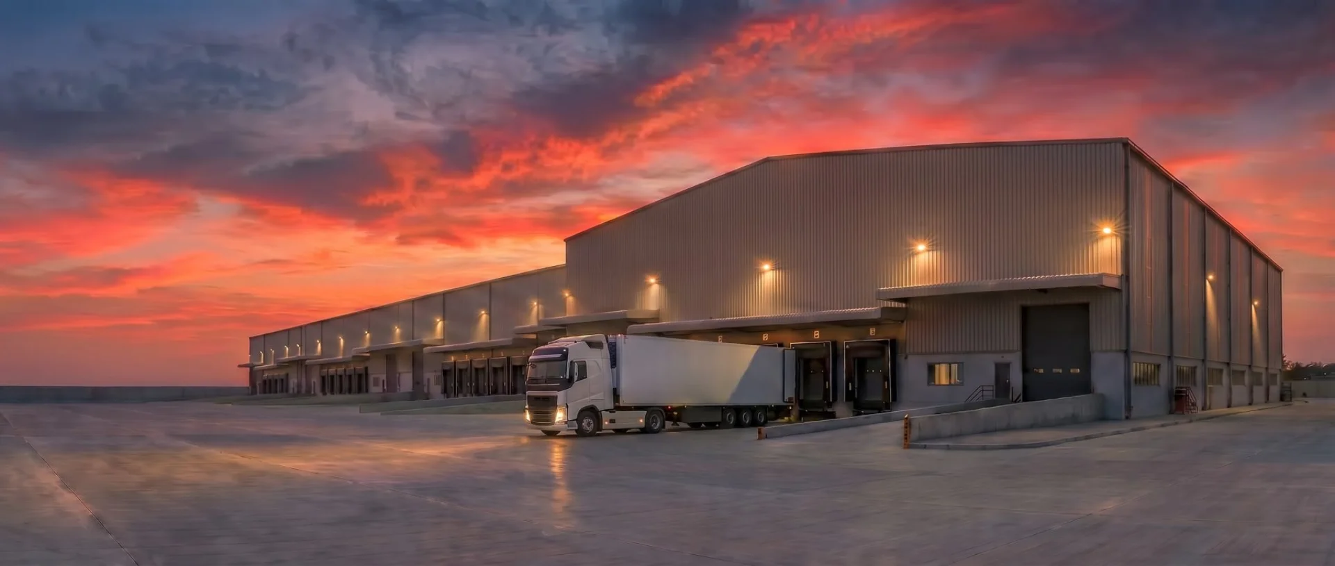 Grade-A warehouse at dusk