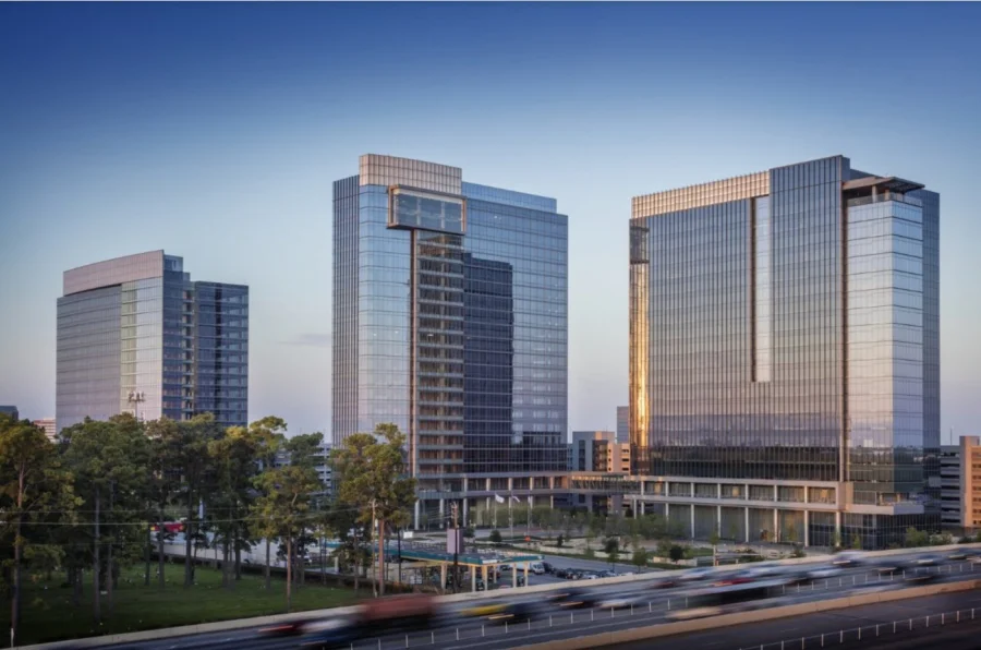 Grade-A office towers at dusk